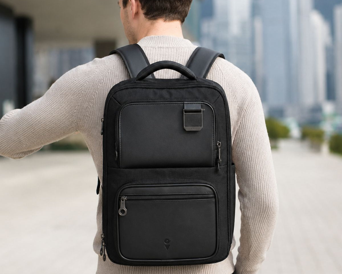 Custom branded backpack worn on a city commute in Canada