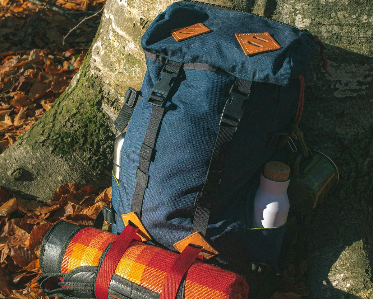 blue and beige camping backpack