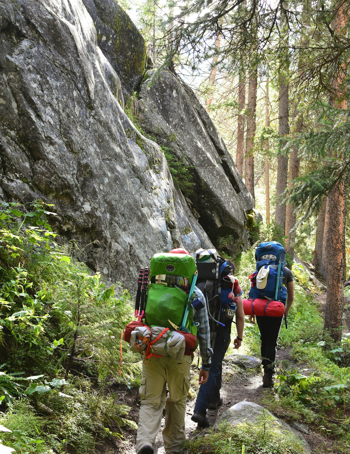 a group of people with backpacks walking up a trail