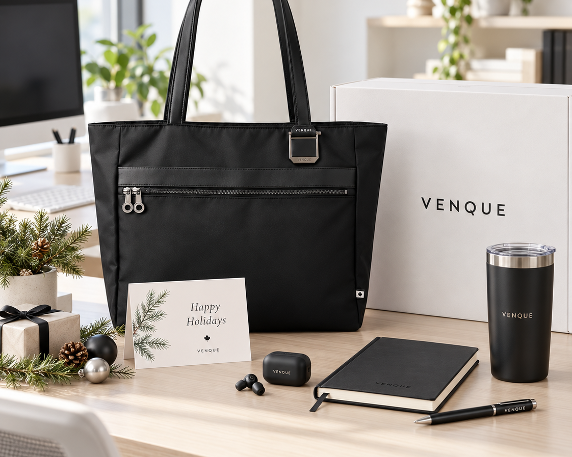Corporate gift ideas Canada: Venque Voya tote corporate gift set on an office desk