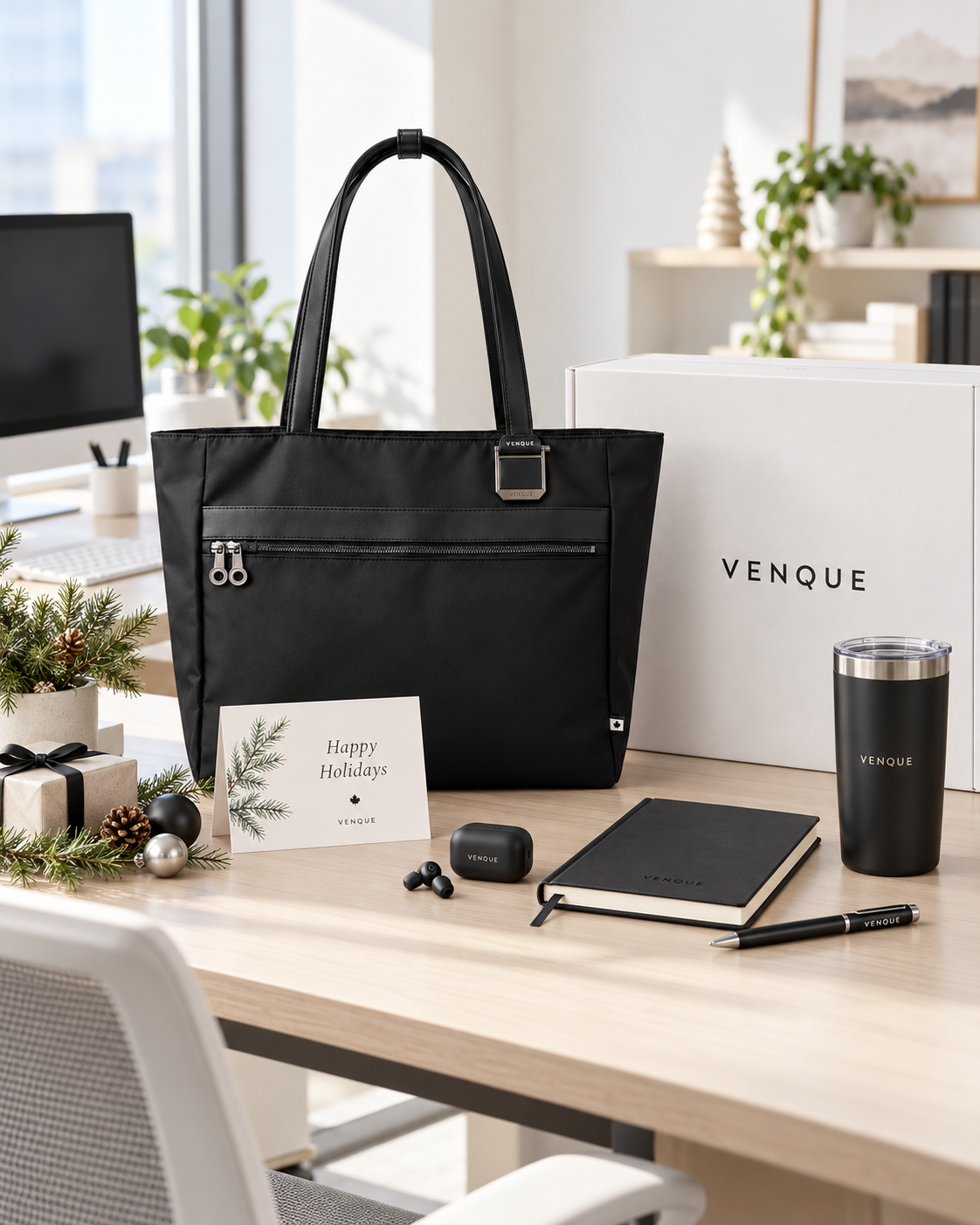 Client appreciation gift in Vancouver: Voya tote gift set on an office desk