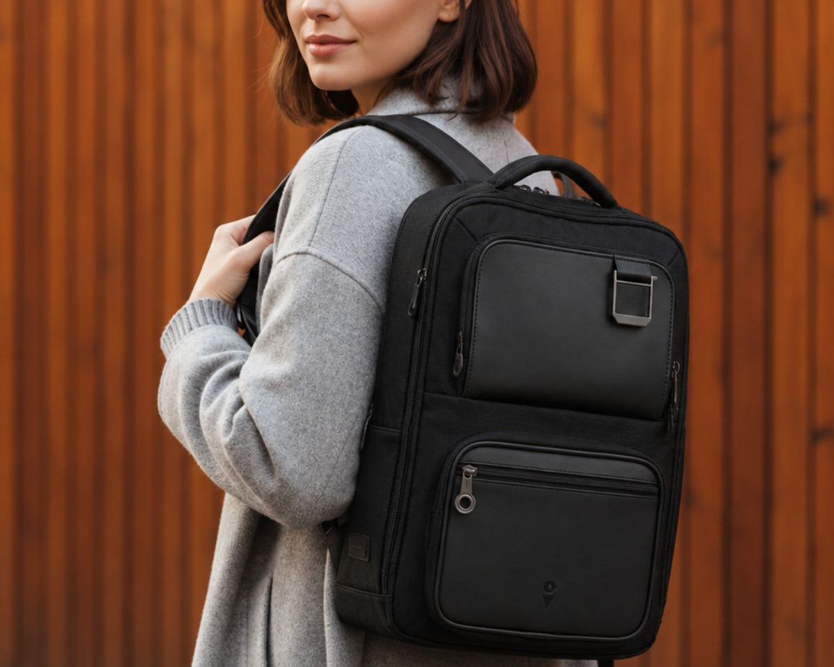 New employee carrying a premium welcome kit backpack in Canada