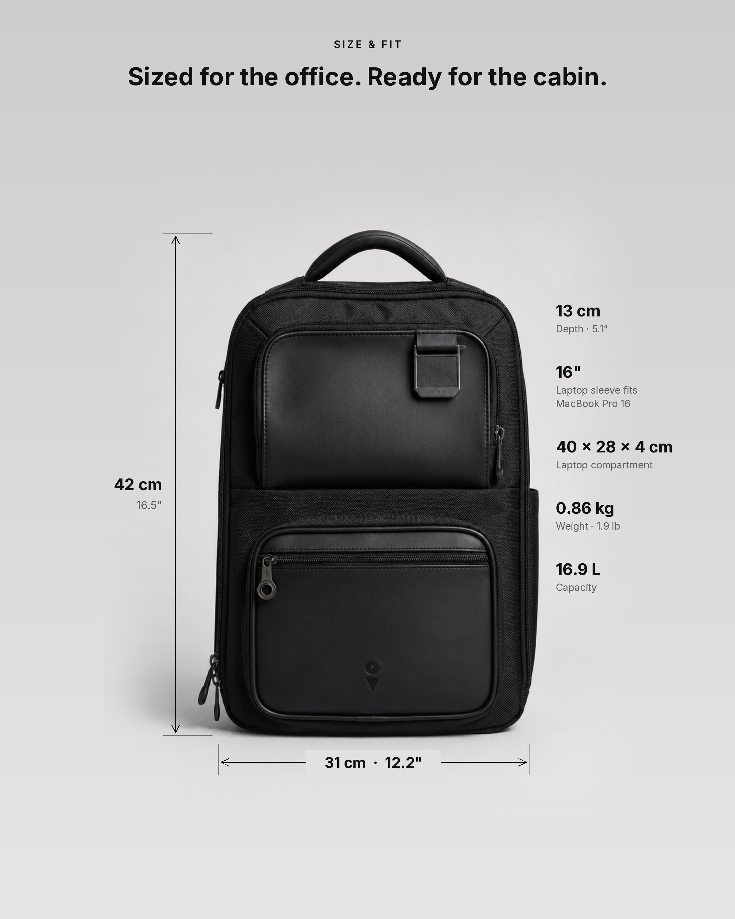 Envoy Business Pack dimensions: 42 x 31 x 13 cm, fits 16 inch laptop, 0.86 kg, 16.9 L