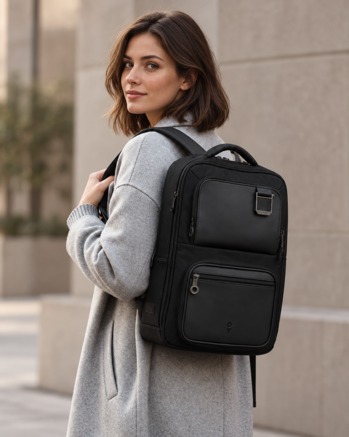 Woman wearing the Envoy Business Pack against a neutral wall