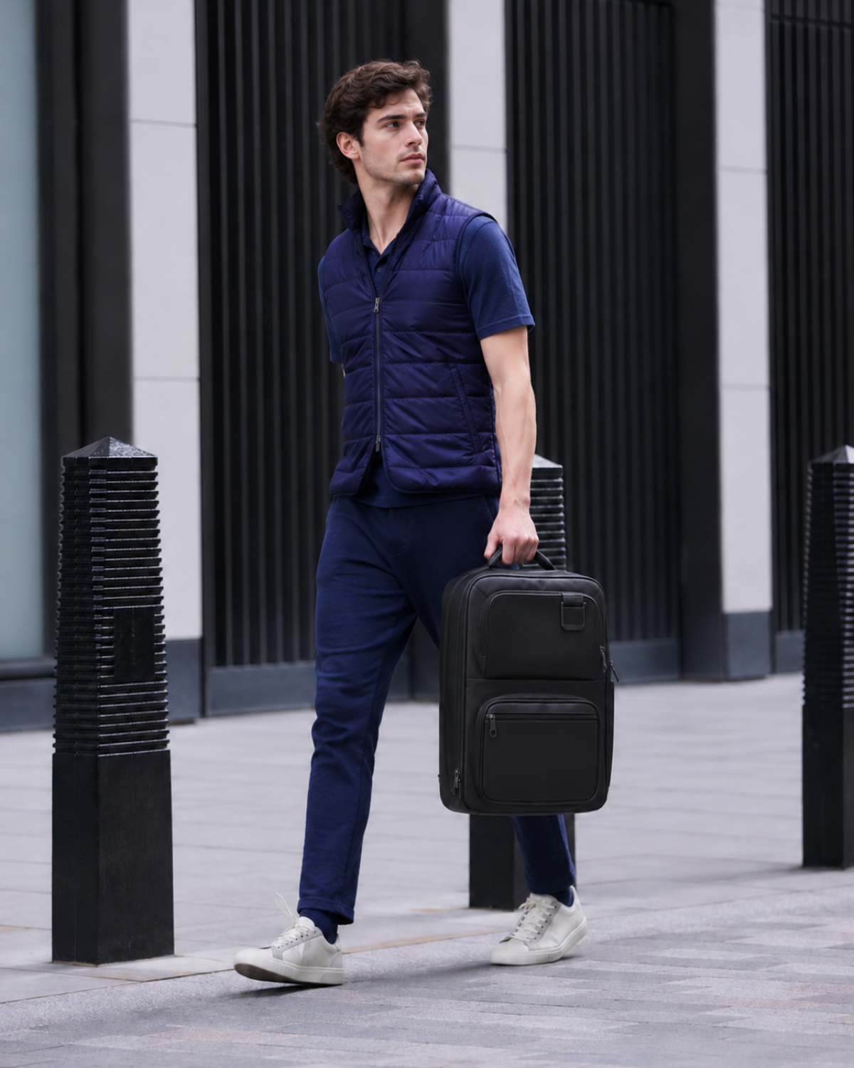 Man walking with the Envoy Business Pack carried by the handle